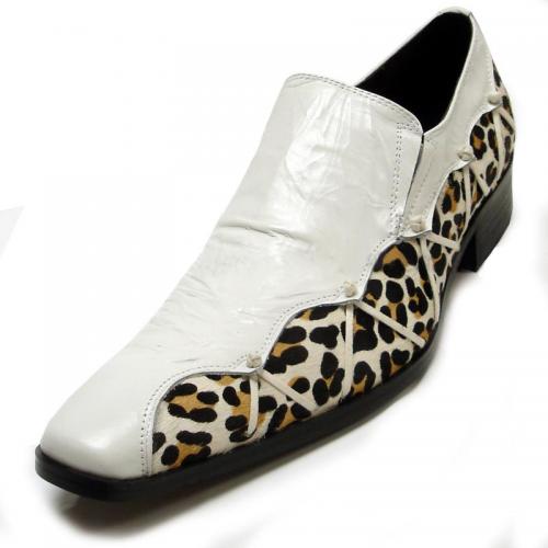 Fiesso White / Leopard Genuine Leather Loafer Shoes With Weaved On Side FI6676
